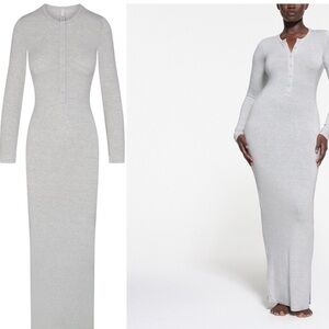 Skims Sleep Henley in Light Heather Gray Long Sleeve Dress
